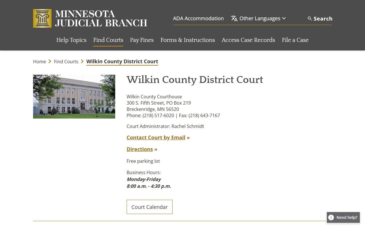 Wilkin County District Court page for court records after jail arrest
