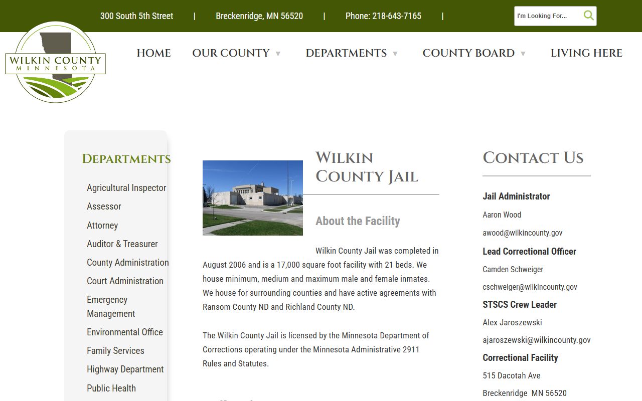 Wilkin County Jail facility page and inmate custody information