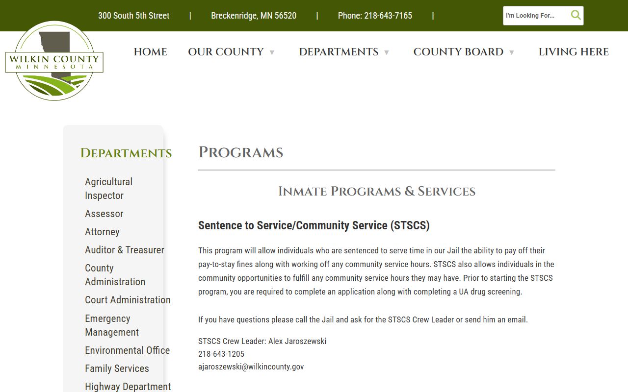 Wilkin County Jail programs for inmates and work release