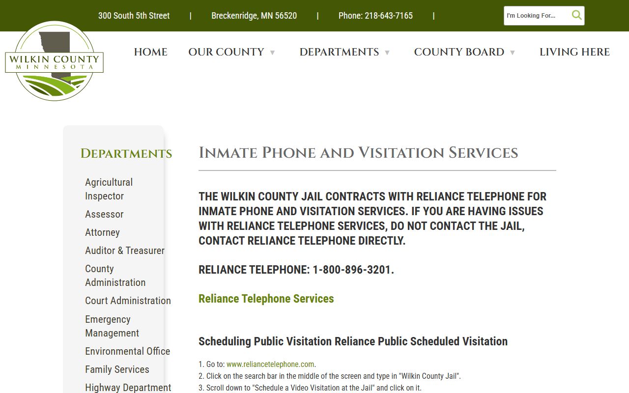 Wilkin County Jail visitation and Reliance scheduling instructions