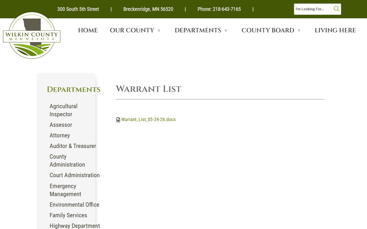 Wilkin County warrant list for arrests and court records